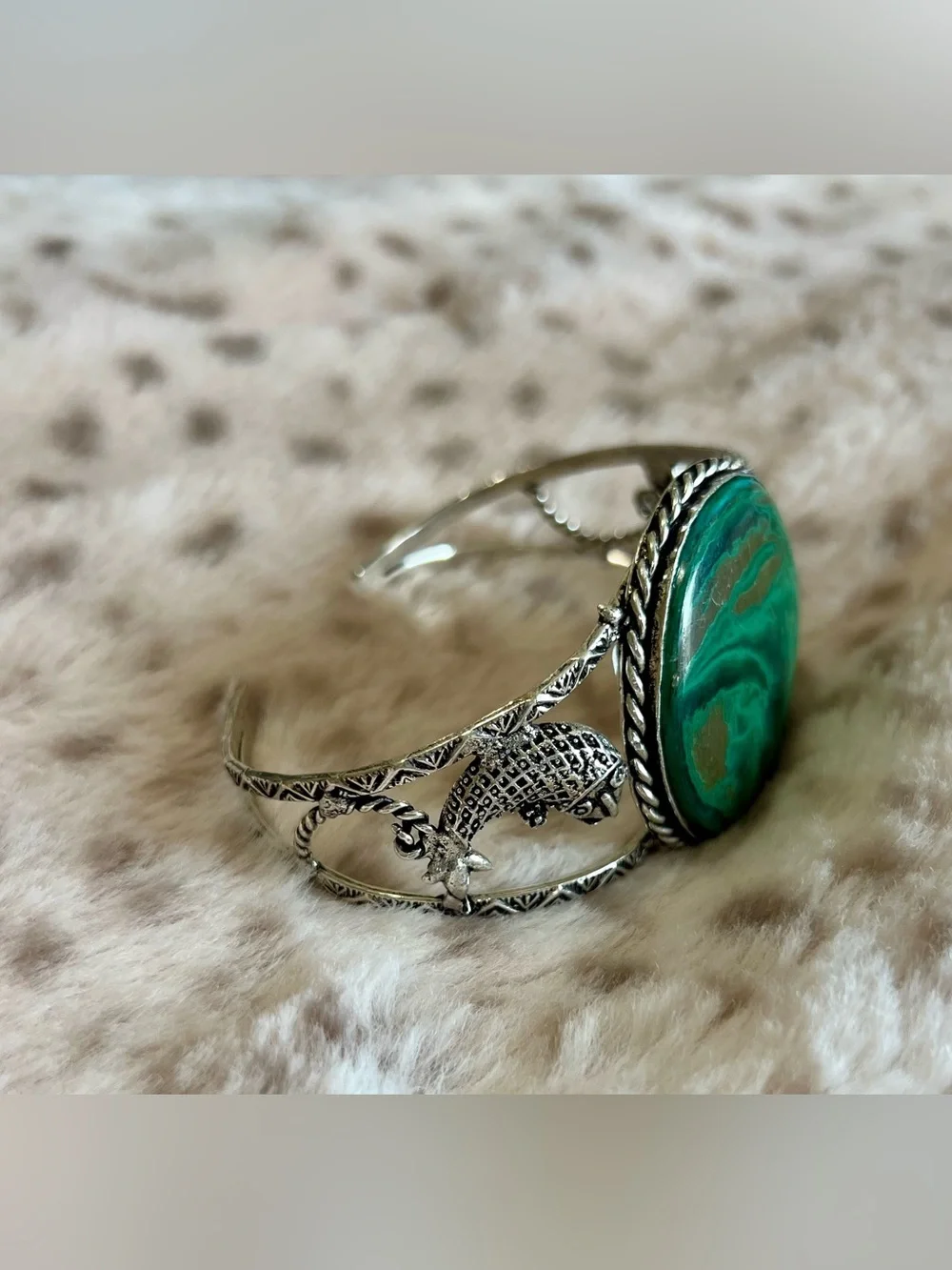 Silver-Tone Amazonite Stone Cuff Bracelet with Artist Stamp